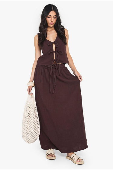 Cheesecloth Tie Front Sleeveless Top - chocolate