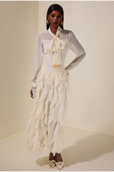 Chiffon Frill Beads Maxi Dress