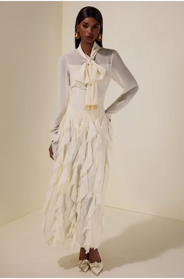 فستان جاردان فو شيفون بيج ماكسي على شكل حرف A بأكمام طويلة