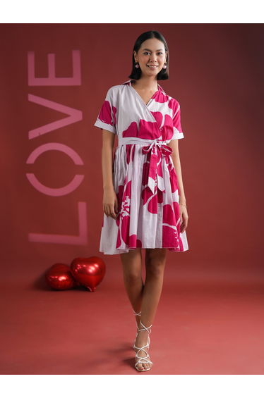 Women Pink Floral Print V Neck Wrap Mini Dress with Ties