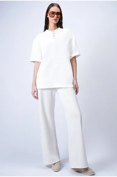 Women's Ecru Double Sleeve Collar Buttoned Bottom Top Suit