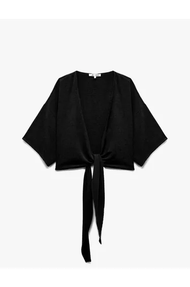 Short Sleeve Double Breasted Collar Tie Detail Oversize Kimono