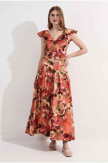 Floral Viscose Linen High Waisted Woven Maxi Skirt