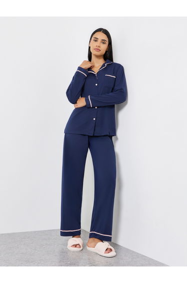 Rick Rack Trim Long Sleeve Shirt and Pyjama Set