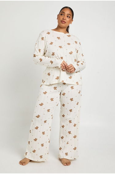 Plus Pointelle Bear Print Long Sleeve Top & Trouser Pyjama Set - cream