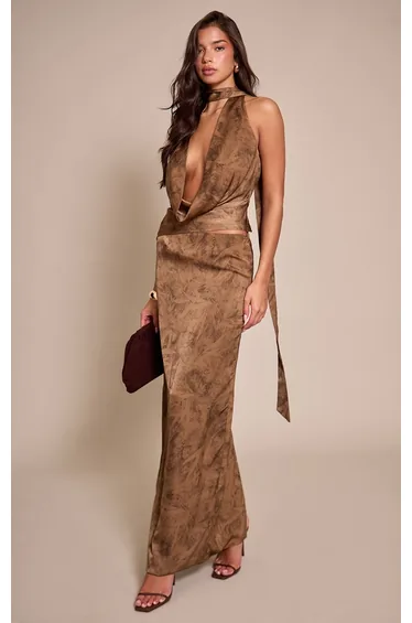 Chocolate Printed Satin Column Maxi Skirt