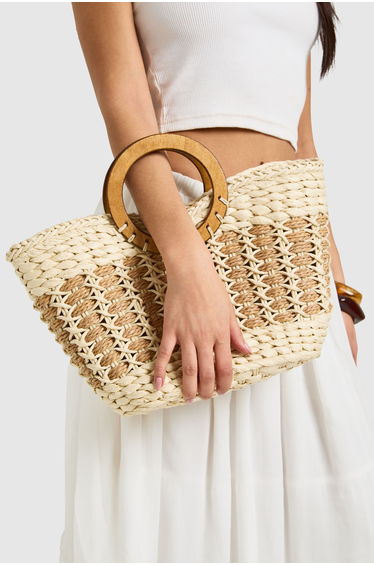 Basket Weave Round Handle Grab Bag - natural
