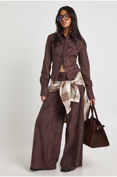 Faux Suede Cinched Shirt - chocolate
