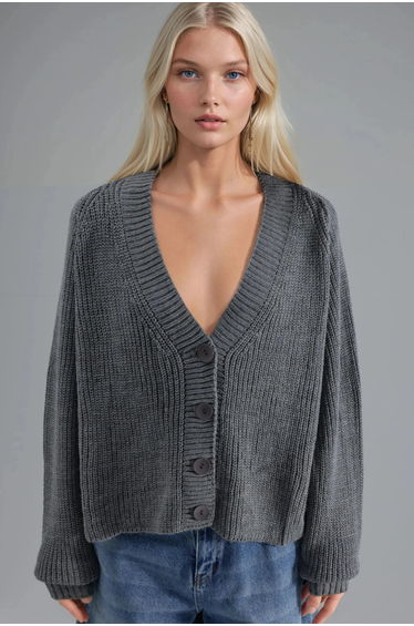 MY FASHION Ribbed Knit Button-Up Crop Cardigan
