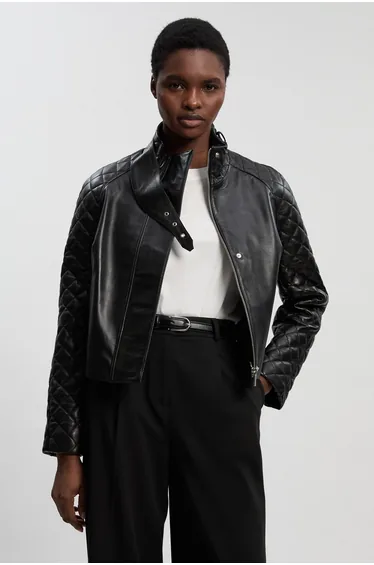 Cropped Quilted Leather Biker Jacket