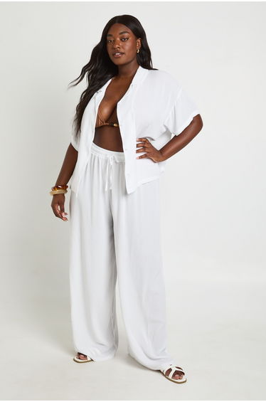 Plus Essentials Oversized Linen Look Short Sleeve Shirt - white