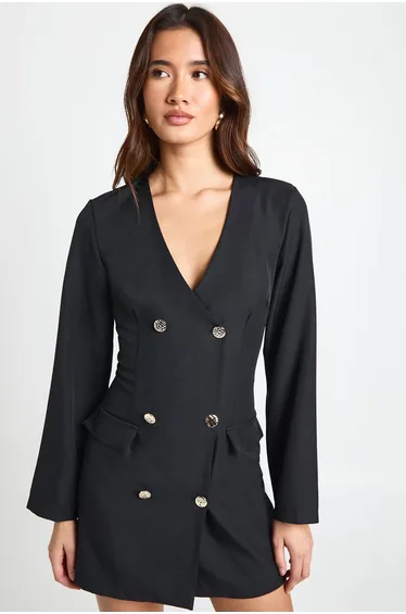 Tailored Long Sleeve Mini Dress - black