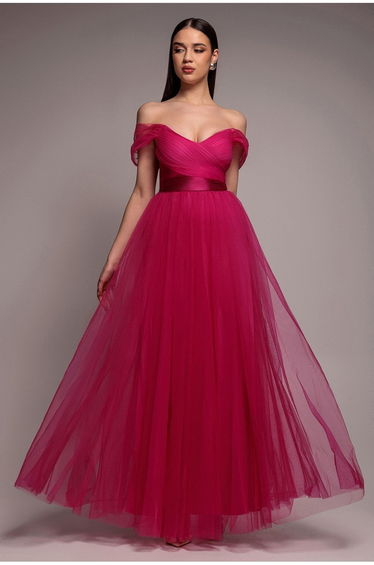 Goddiva Off The Shoulder Princess Maxi Dress - Hotpink