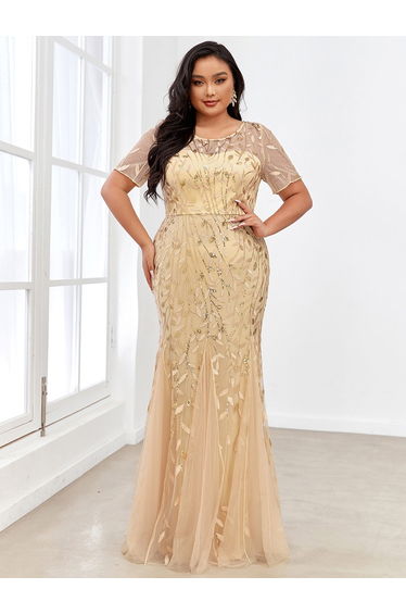 ever JADEN|Floral Sequin Maxi Fishtail Tulle Formal Evening Dress with Short Sleeve