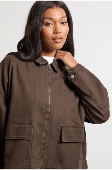 Plus Collared Twill Jacket - chocolate