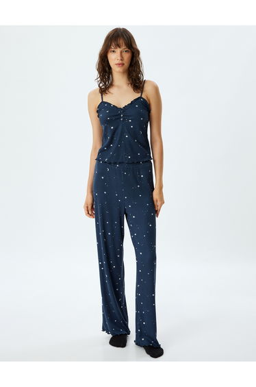 Strappy Ribbed Pajama Top with Star Printed Ruffle and Button Detail