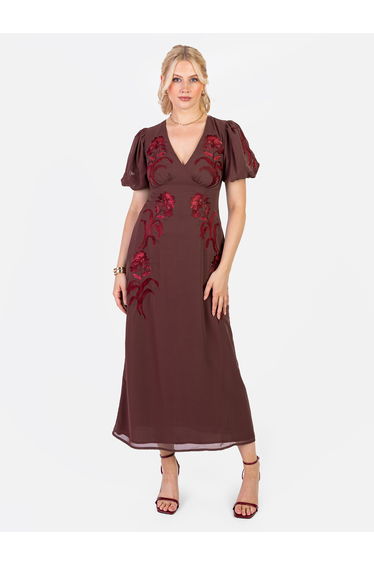 Maya Brown Embroidered Short Sleeve V Neck Midaxi Dress