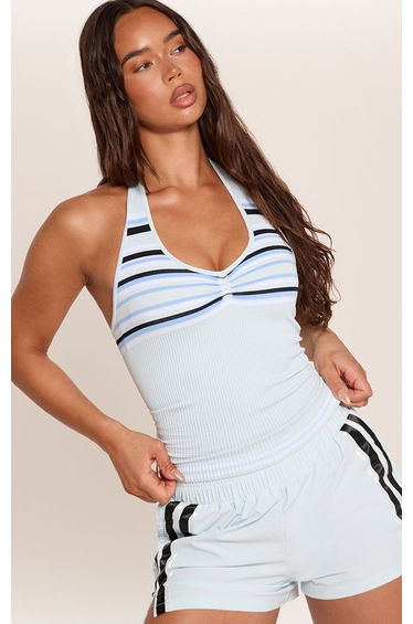 Light Blue Contour Rib Striped Halter Top