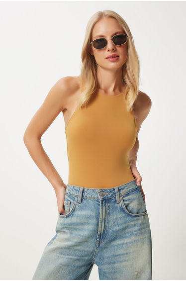 Women's Mustard Crew Neck Snap Woven Bodysuit