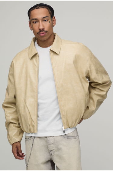 Boxy Fit Croc PU Elasticated Hem Harrington Jacket - lemon