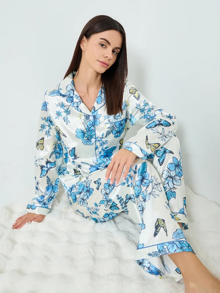 Women Satin Floral Printed Shirt and Pyjama Set