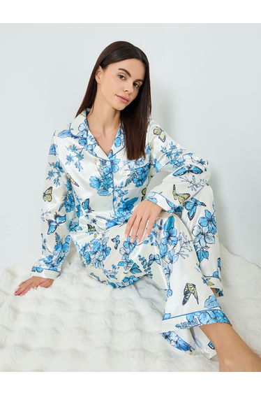 Women Satin Floral Printed Shirt and Pyjama Set