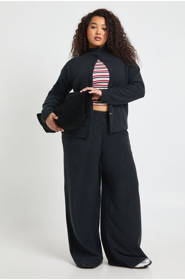 Plus Funnel Neck Button Up Knit Top and Trouser Co Ord - black