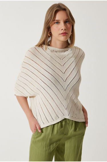 Women's Cream Openwork Bat Knitwear Blouse