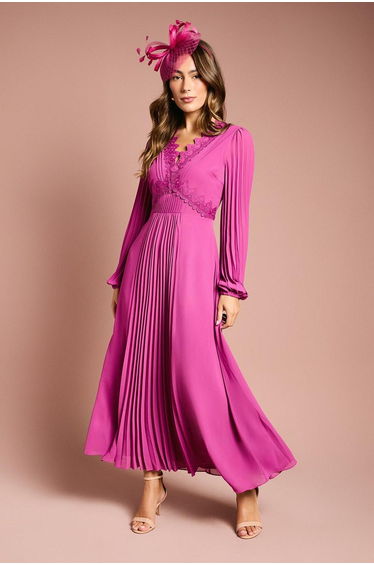 Pleat Detail Lace Trim Maxi Dress