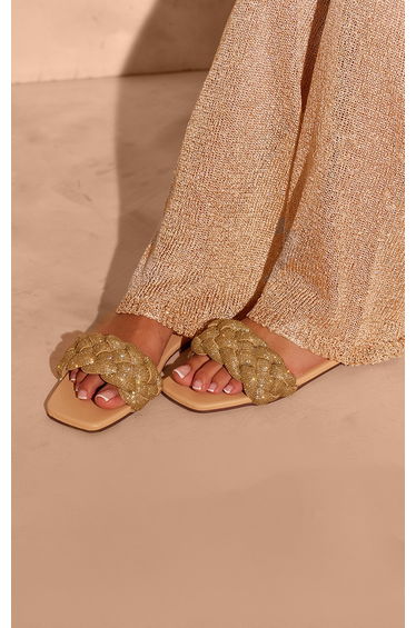 Gold PU Square Toe Diamante Strap Slip On Flat Sandals
