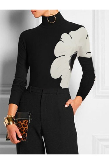 Long Sleeves Skinny Contrast Color Floral Printed Split-Joint High Neck T-shirts