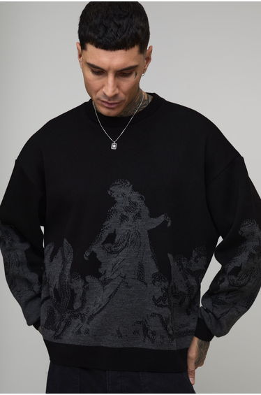 Tall Oversized Renaissance Embroidered Jacquard Knitted Jumper - black black