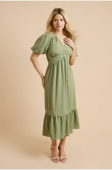 Bubble Sleeve Trim Detail Midi Dress