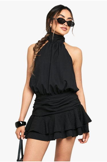 Textured Ruched Frill Skirt Halterneck Mini Dress