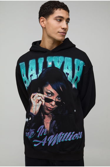 Oversized Aaliyah License Printed Hoodie - black