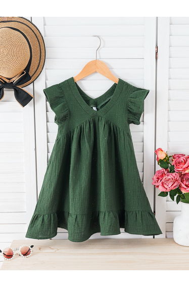 Girl Dark Green Frill Sleeve Ruffle Hem Dress