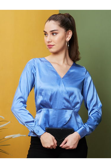 Blue Satin Wrap Front Top
