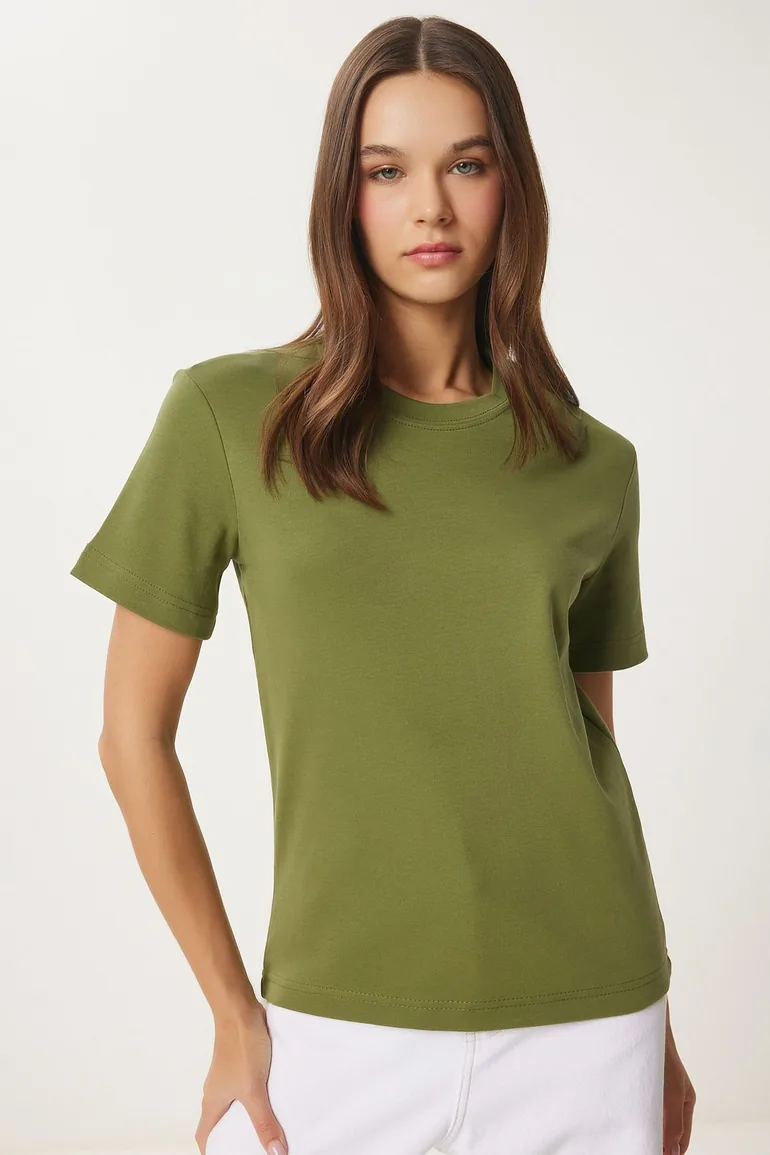 Women's Green Cotton Basic Knitted T-Shirt - 1