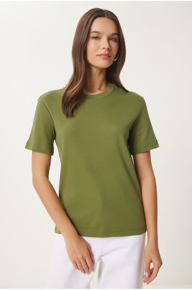 Women's Green Cotton Basic Knitted T-Shirt