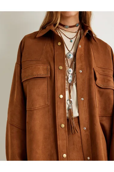 Faux Suede Shirt Jacket with Flap Pocket Detail and Comfortable Fit