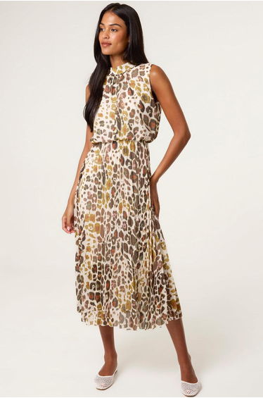 Abstract Leopard Print Sleeveless Pleated Midi Dress