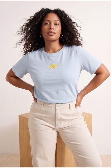 Blue Lemon Embroidered Sleeve and Hem Detailed Body-Fitting Knitted Plus Size T-Shirt