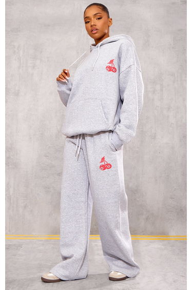 Grey Marl Cherry Print Oversized Wide Leg Joggers