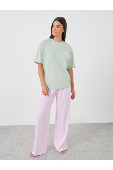 Slogan Print Short Sleeve T-Shirt and Pyjama Set