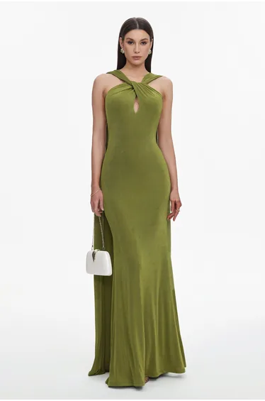 Romelle Elegant Contour Twist Halter Cape Cut Out Maxi Dress