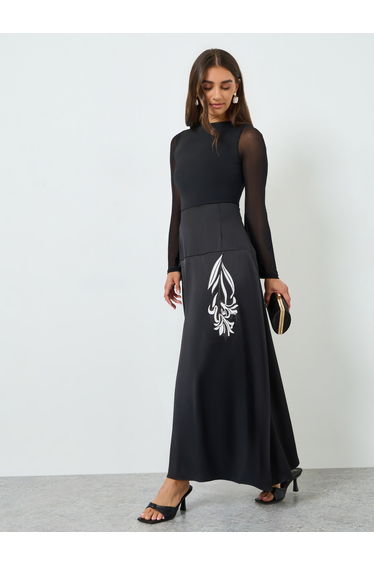 Women Black Embroidered A-Line Maxi Skirt