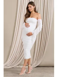 Aroma | White Ruched Mesh Maternity Midi Dress With Ruffled Sleeves - 4