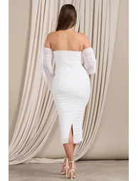 Aroma | White Ruched Mesh Maternity Midi Dress With Ruffled Sleeves - 1