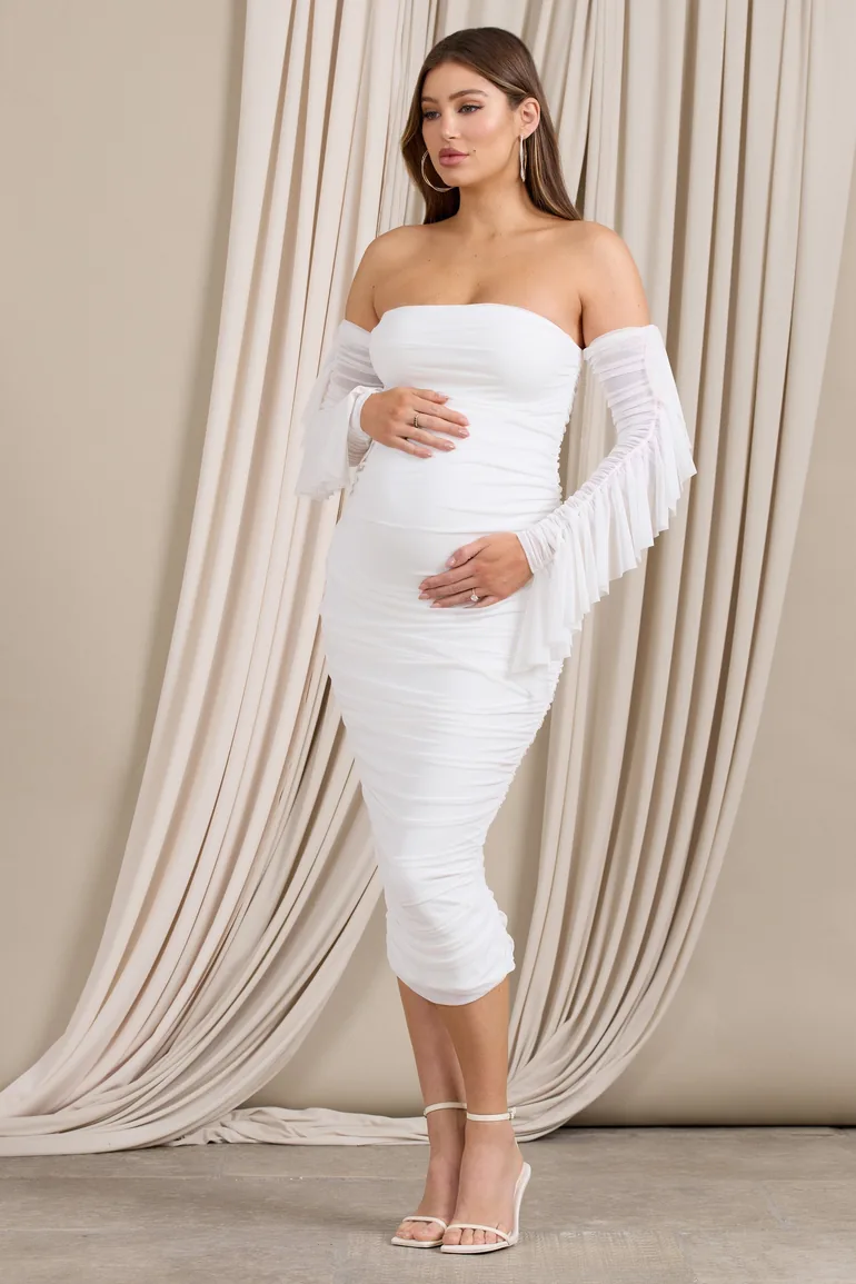 Aroma | White Ruched Mesh Maternity Midi Dress With Ruffled Sleeves