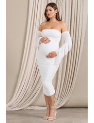 Aroma | White Ruched Mesh Maternity Midi Dress With Ruffled Sleeves